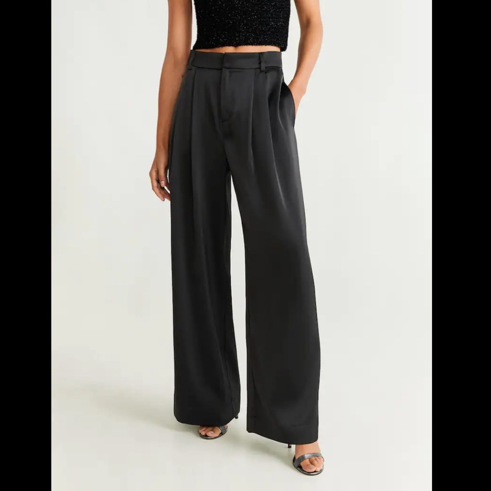 Black satin pleated wide leg trousers